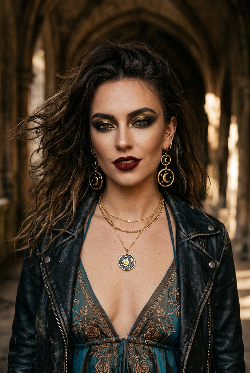 A woman with dark hair and dramatic eye makeup wears a black leather jacket over a teal patterned dress, with gold layered necklaces and large gold hoop earrings, standing in an arched stone corridor.