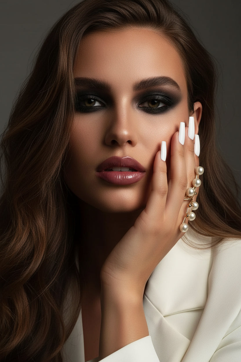 Close-up of a hand wearing a gold ring with pearls against a neutral background
