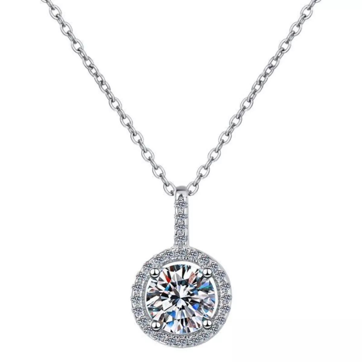 Diamond necklace with a round pendant on a white background