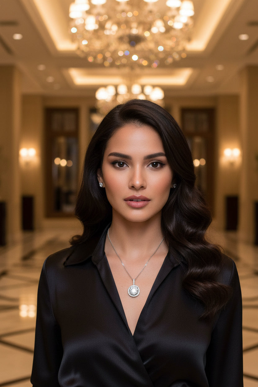 Diamond necklace with a round pendant on latino model hotel lobby