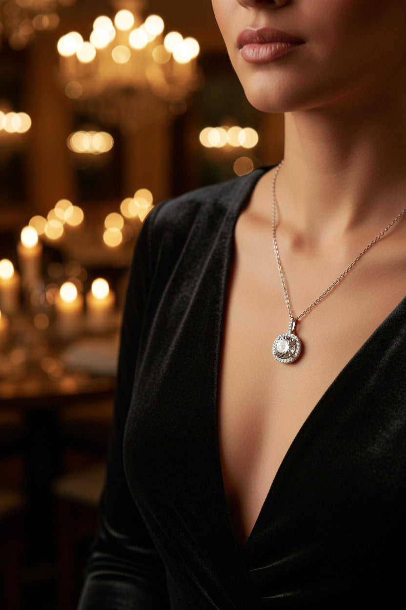 Diamond necklace with a round pendant on latino model