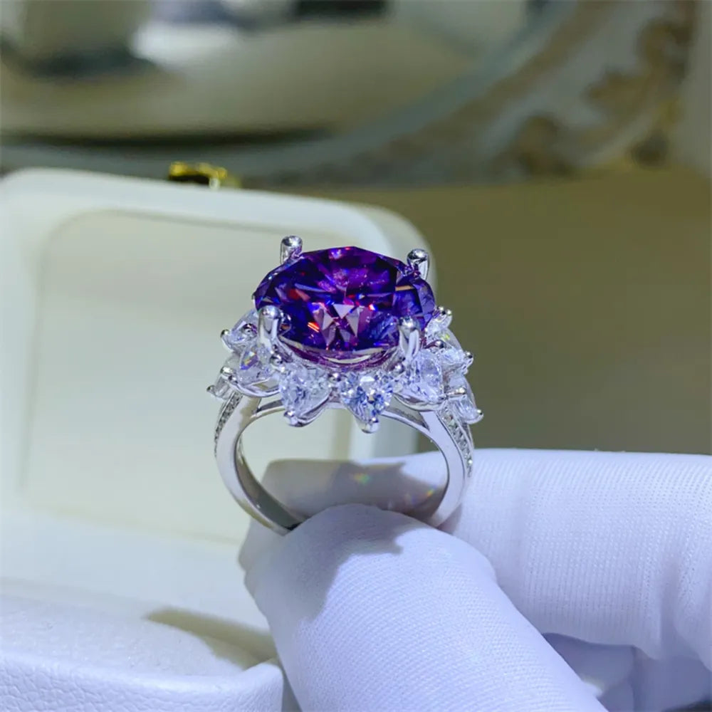 Purple Moissanite 925 Sterling Ring Silver Flower Luxury Ring White Gloves Upclose | Rebellious Gal Jewelry