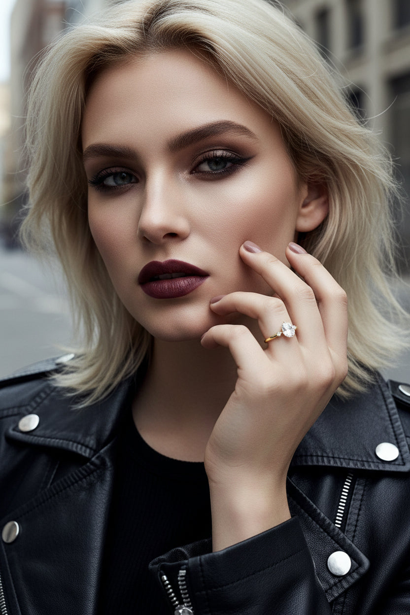 Hand wearing a gold and diamond ring against a black background