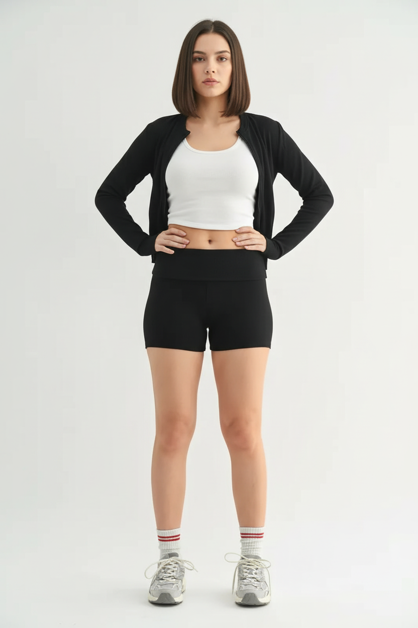 Black Ribbed Foldover Waist Shorts - view 2