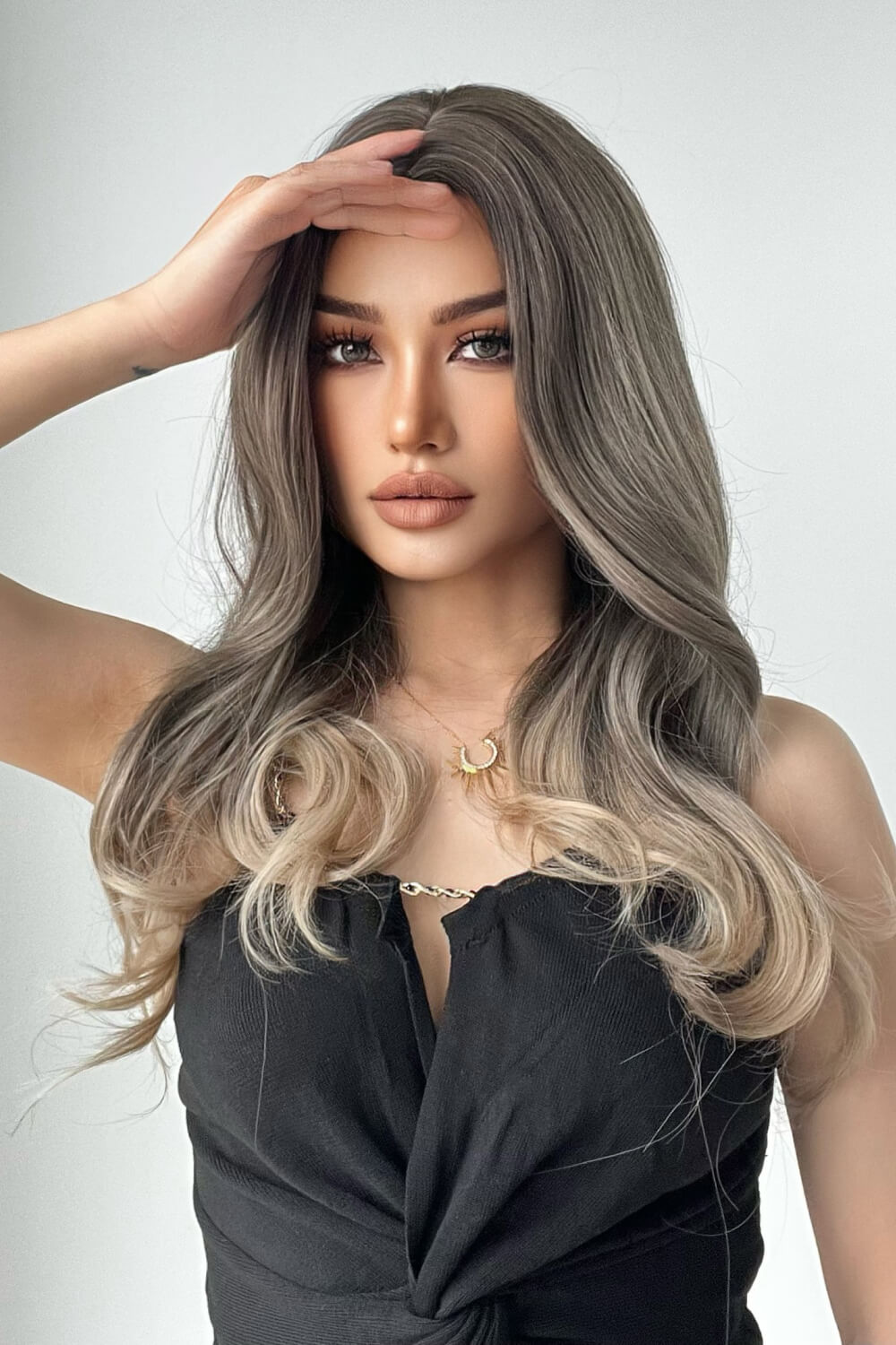 Front view of 24" long straight synthetic wig with 13x1 lace front