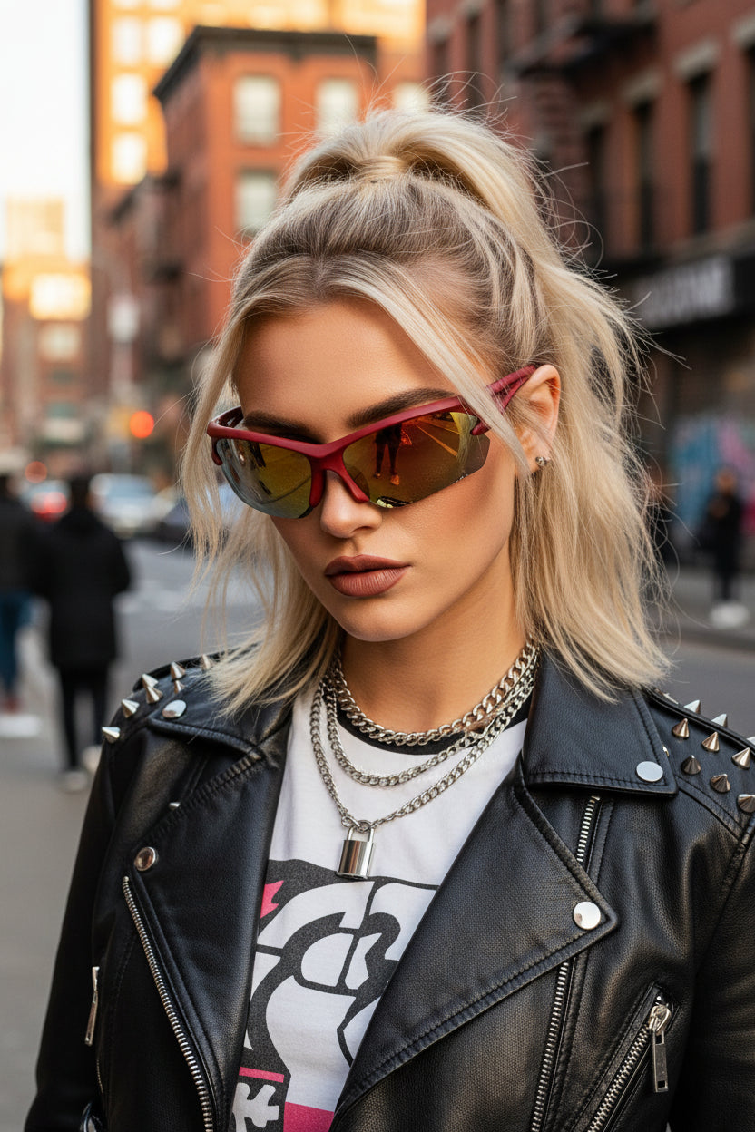 Red sunglasses with yellow-tinted lenses on a white surface on blonde model