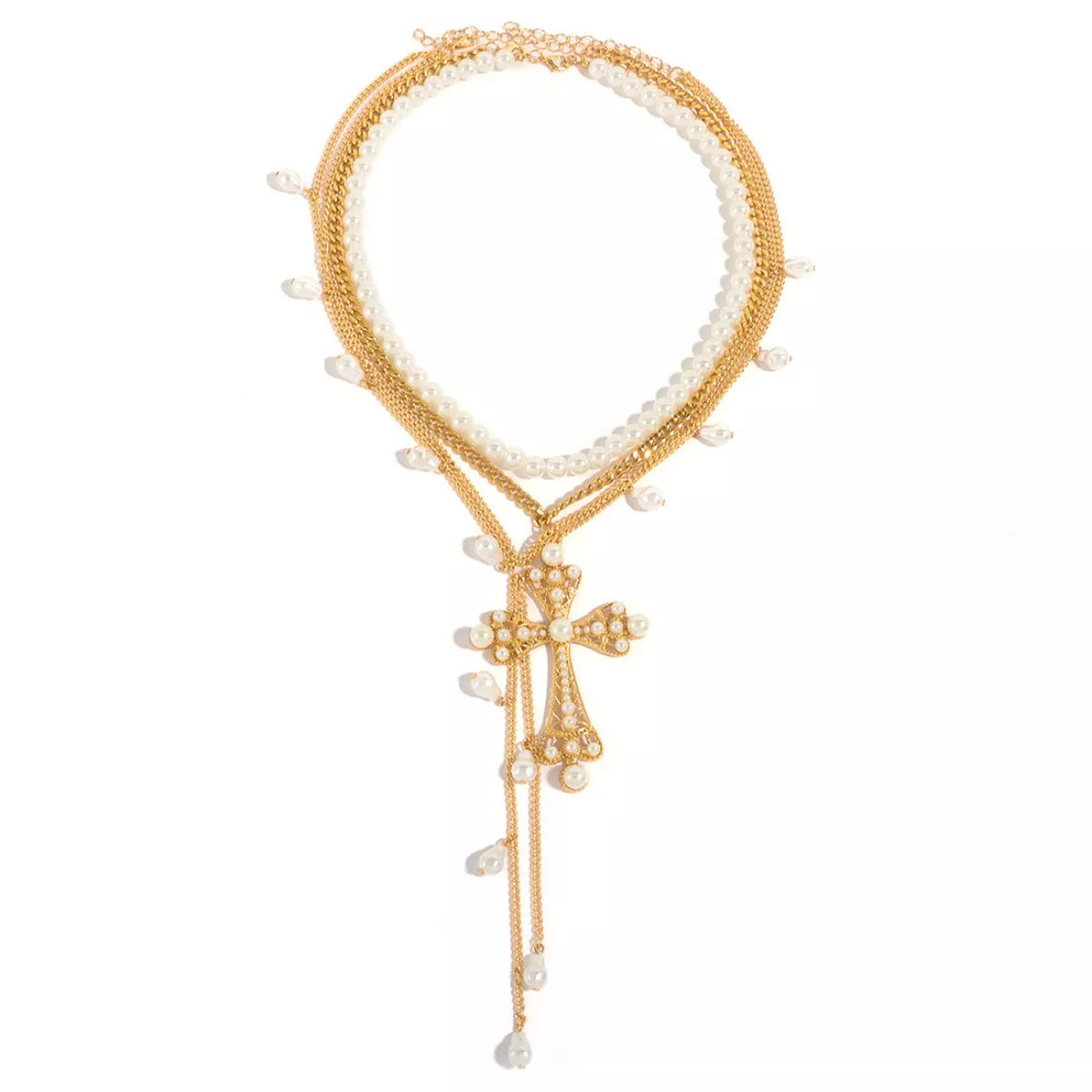 Gold and pearl necklace on a white background