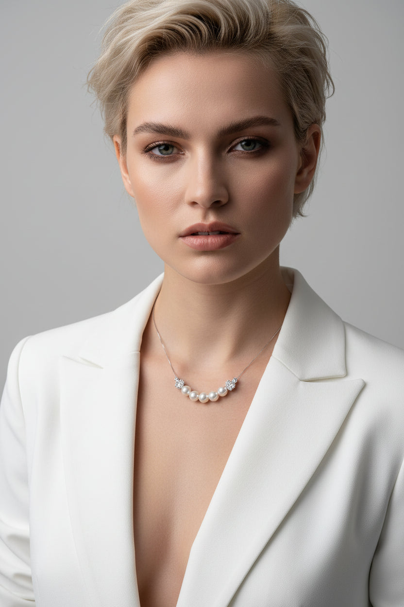 Close-up of a person wearing a pearl necklace and ring, with a white blouse and wooden floor background.