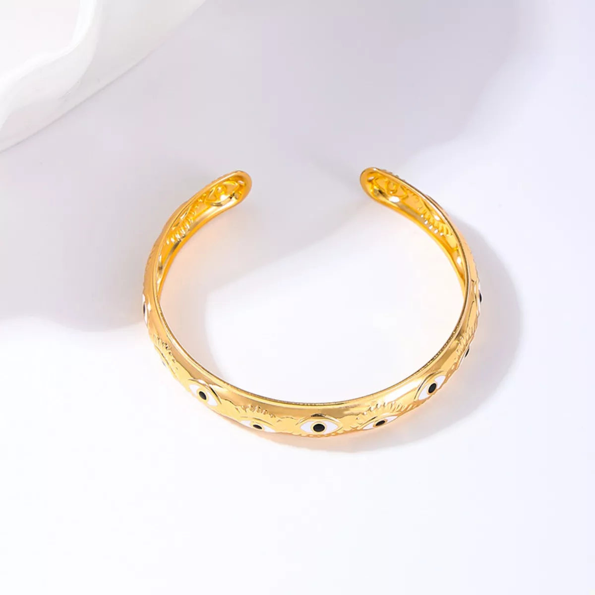 Evil Eye Open Gold Plated Bangle Close Up View Side View - Rebellious Gal