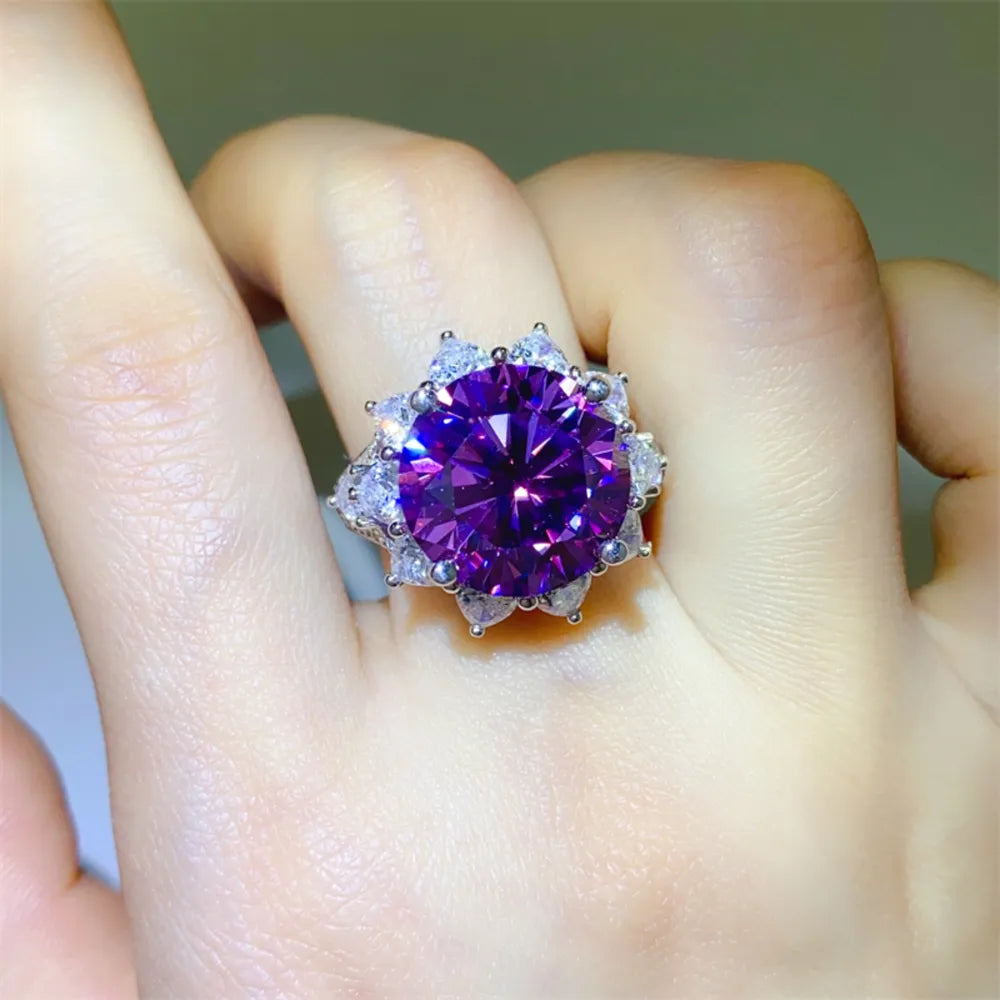 Purple Moissanite 925 Sterling Ring Silver Flower Luxury Ring on Model Finger Close Up | Rebellious Gal Jewelry