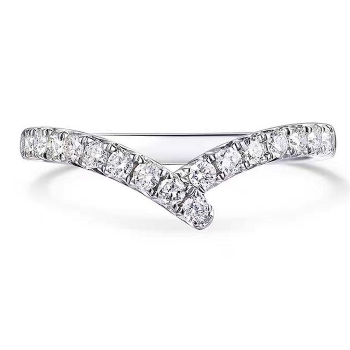 Diamond ring with a V-shaped design on a white background