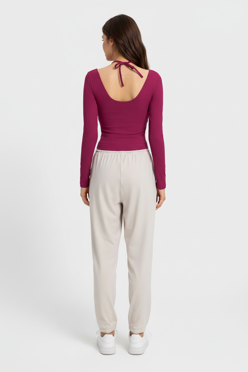 Rear view of the berry top, open scoop back with halter tie at the nape