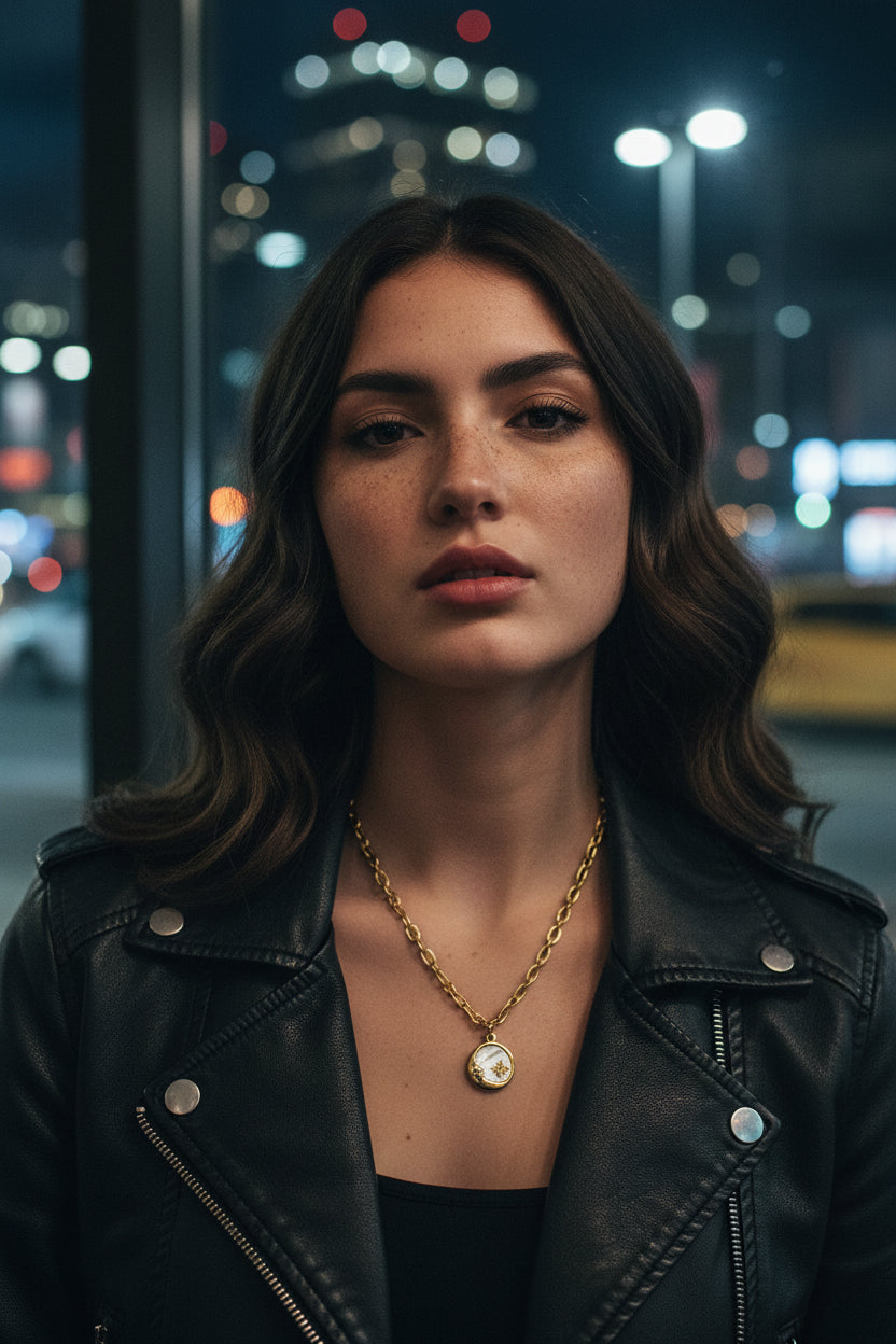 Gold necklace with a moon and sun pendant on model, night life look