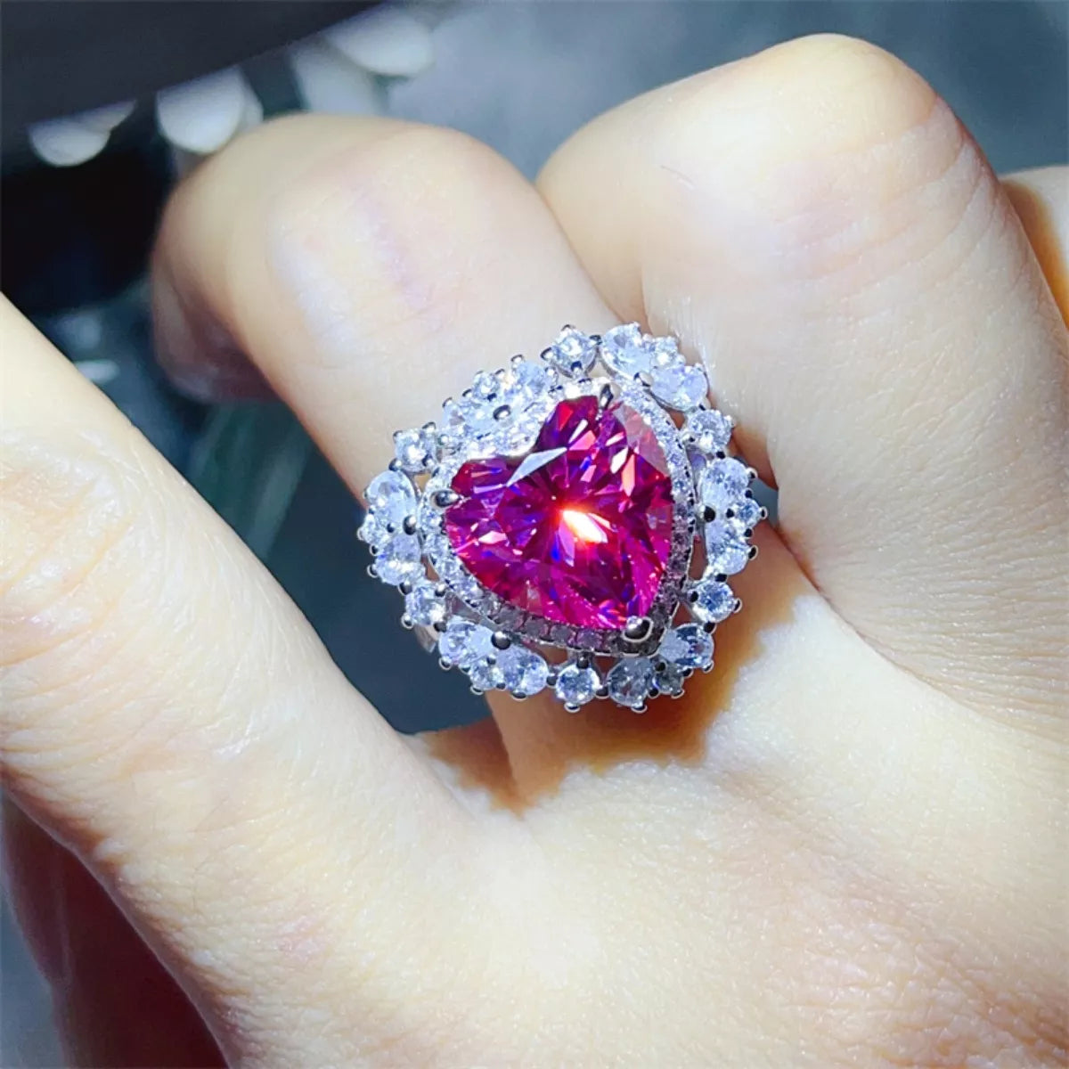 5 Carat Heart Shape Moissanate Ring on Finger View - Titanic Design Ring on Finger View - Rebellious Gal