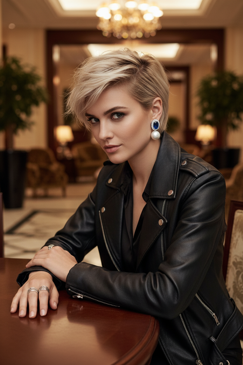 Woman in a black leather jacket sitting at a table in an elegant interior setting.