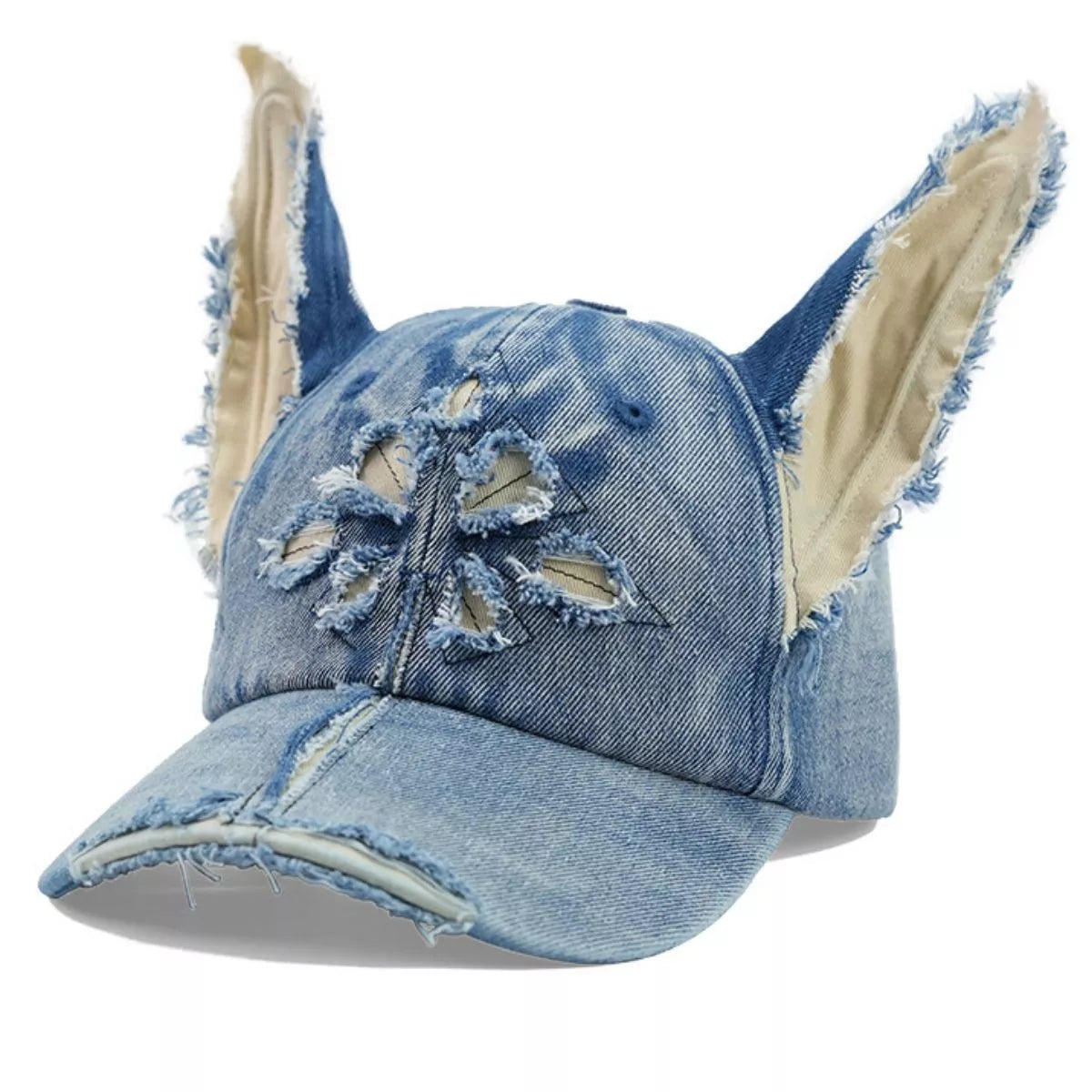 Side view washed distressed denim dog ear baseball cap women hip hop trend