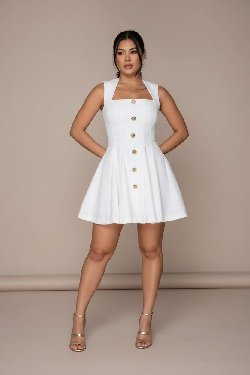 model wearing a cut out sleeveless mini dress 