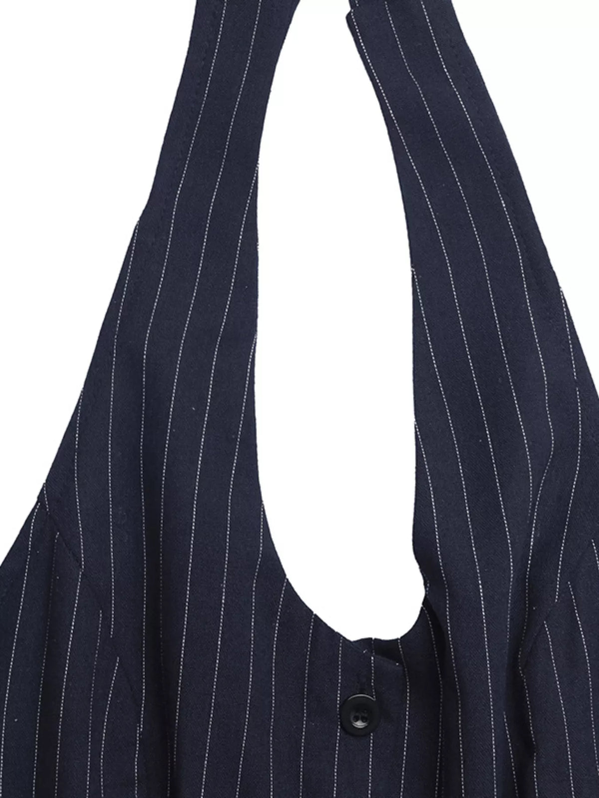Navy pinstripe suit with shoulder straps on a white background