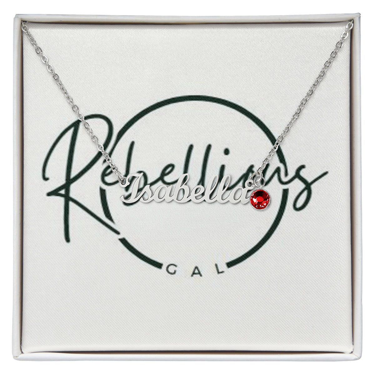 isabella necklace silver close up shot red emerald rebellious gal box