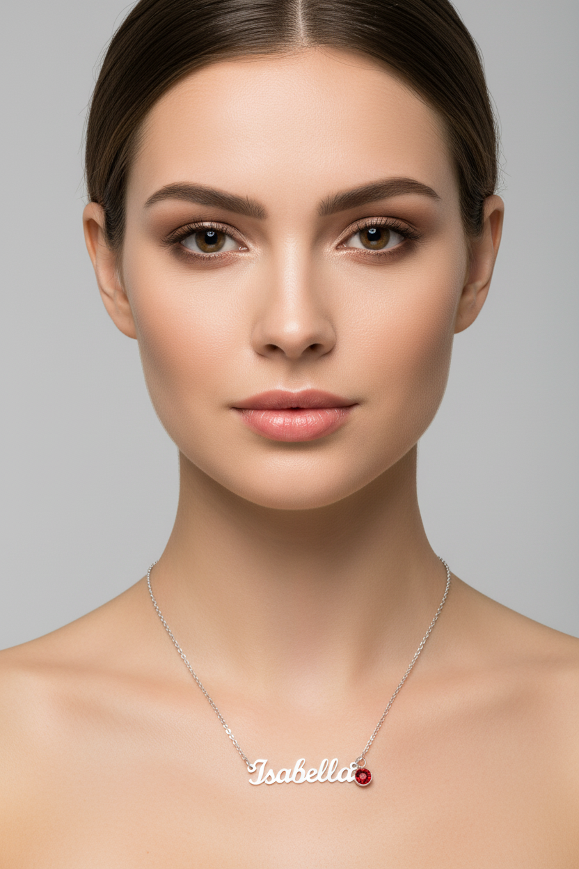 Woman wearing a necklace with a 'Isabellit' pendant on a gray background