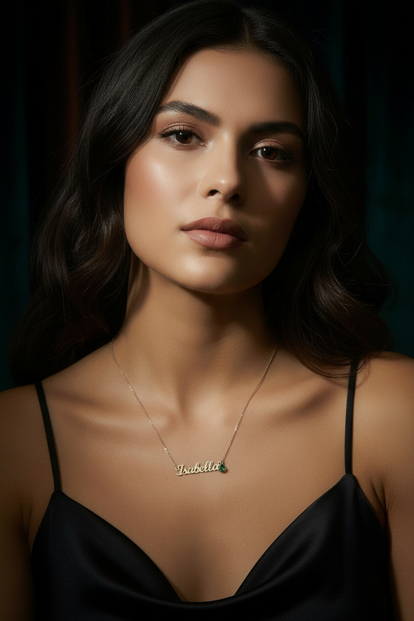 Woman wearing a black strappy top and gold necklace with 'Isabella' pendant against a dark background