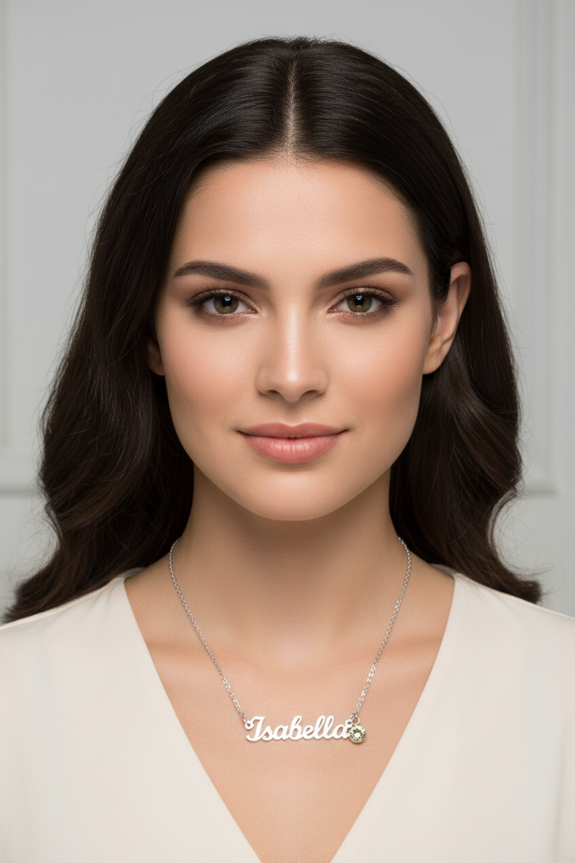 Woman wearing a 'Isabella' necklace against a plain background