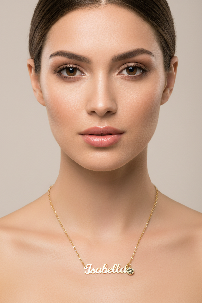 Woman wearing a gold necklace with 'Isabella' pendant against a neutral background