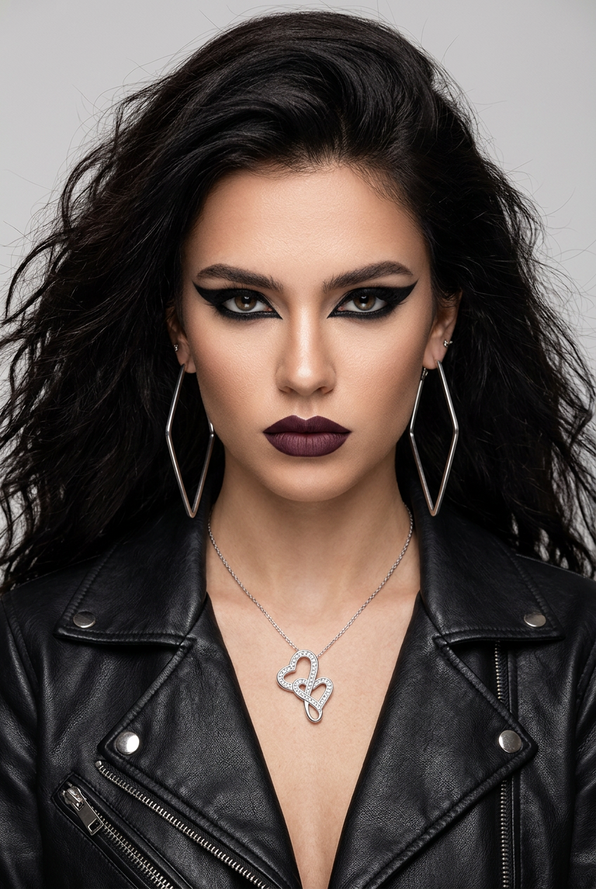 Twin stone-set hearts below an open leather collar, long silver kite earrings alongside