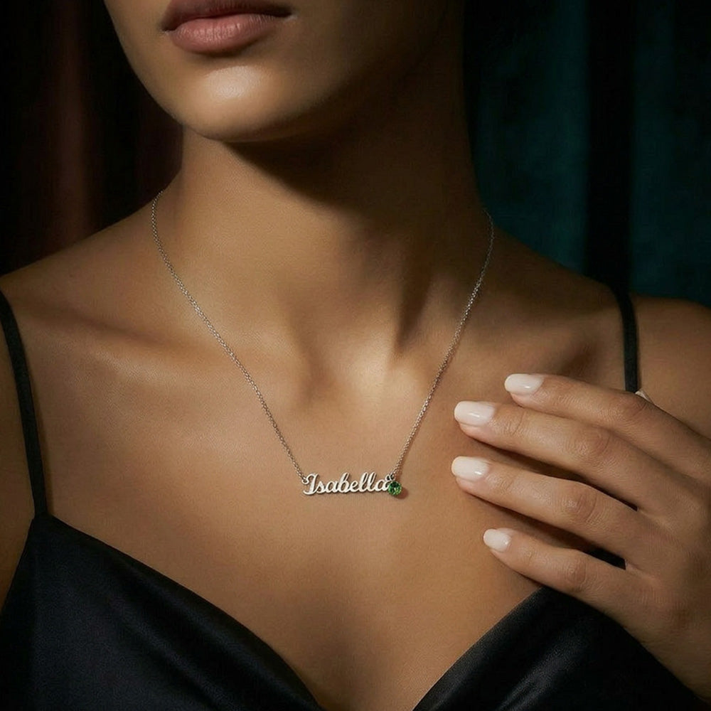 model wearing customisable necklace