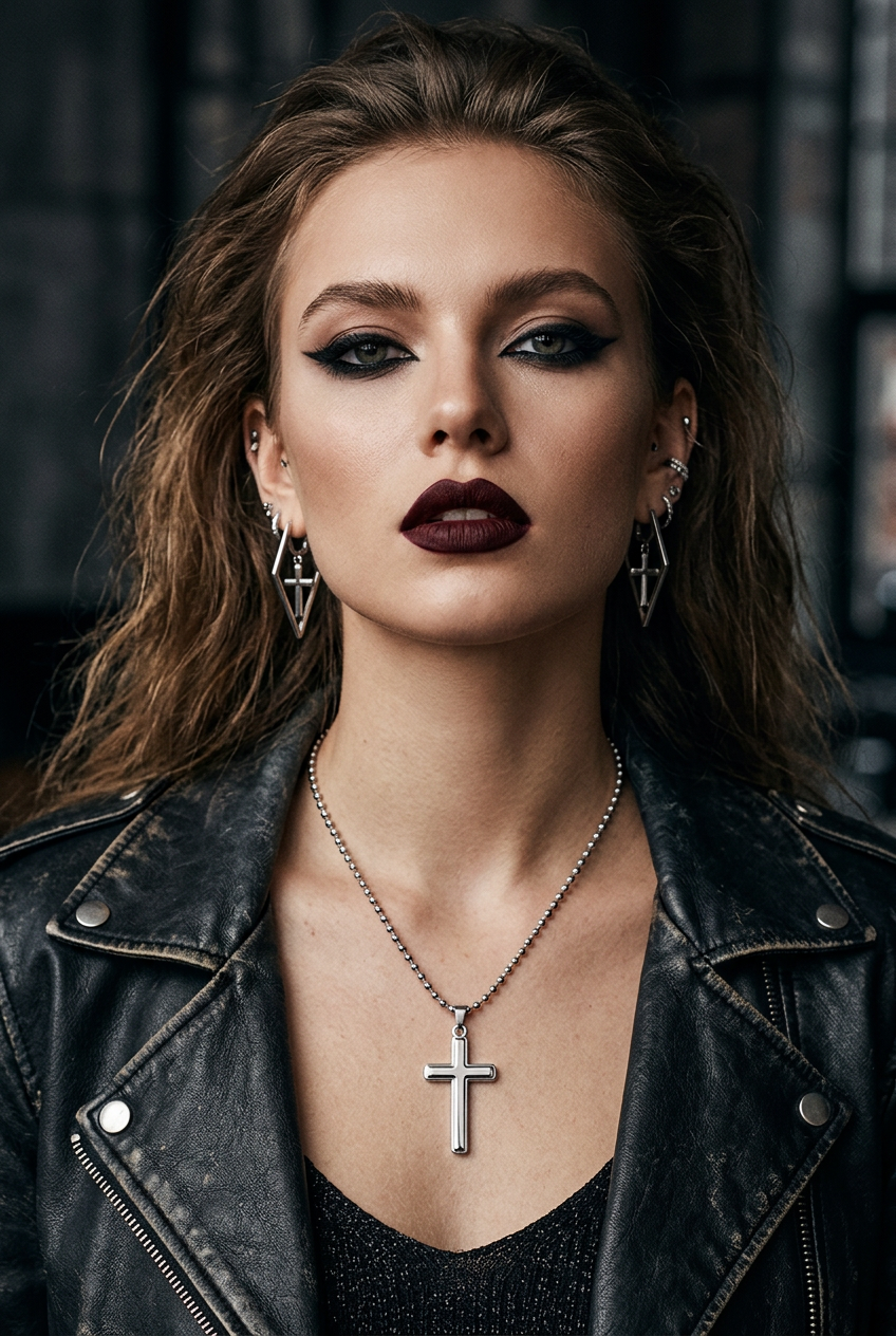Polished cross on a silver ball chain, leather jacket over a glittering black top