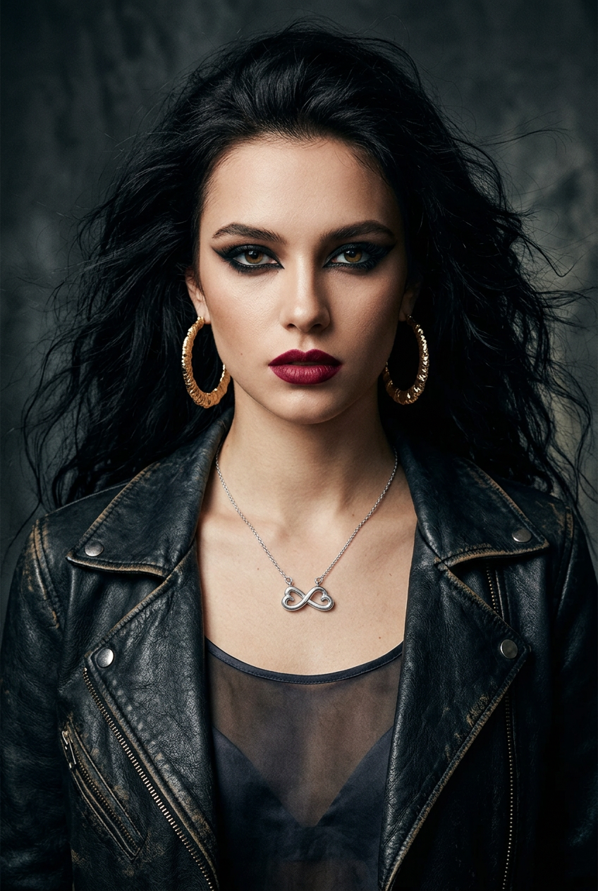 A close-up portrait of a woman with dark wavy hair, dramatic eye makeup, and dark red lipstick, wearing a silver infinity necklace and matching silver earrings against a dark background.
