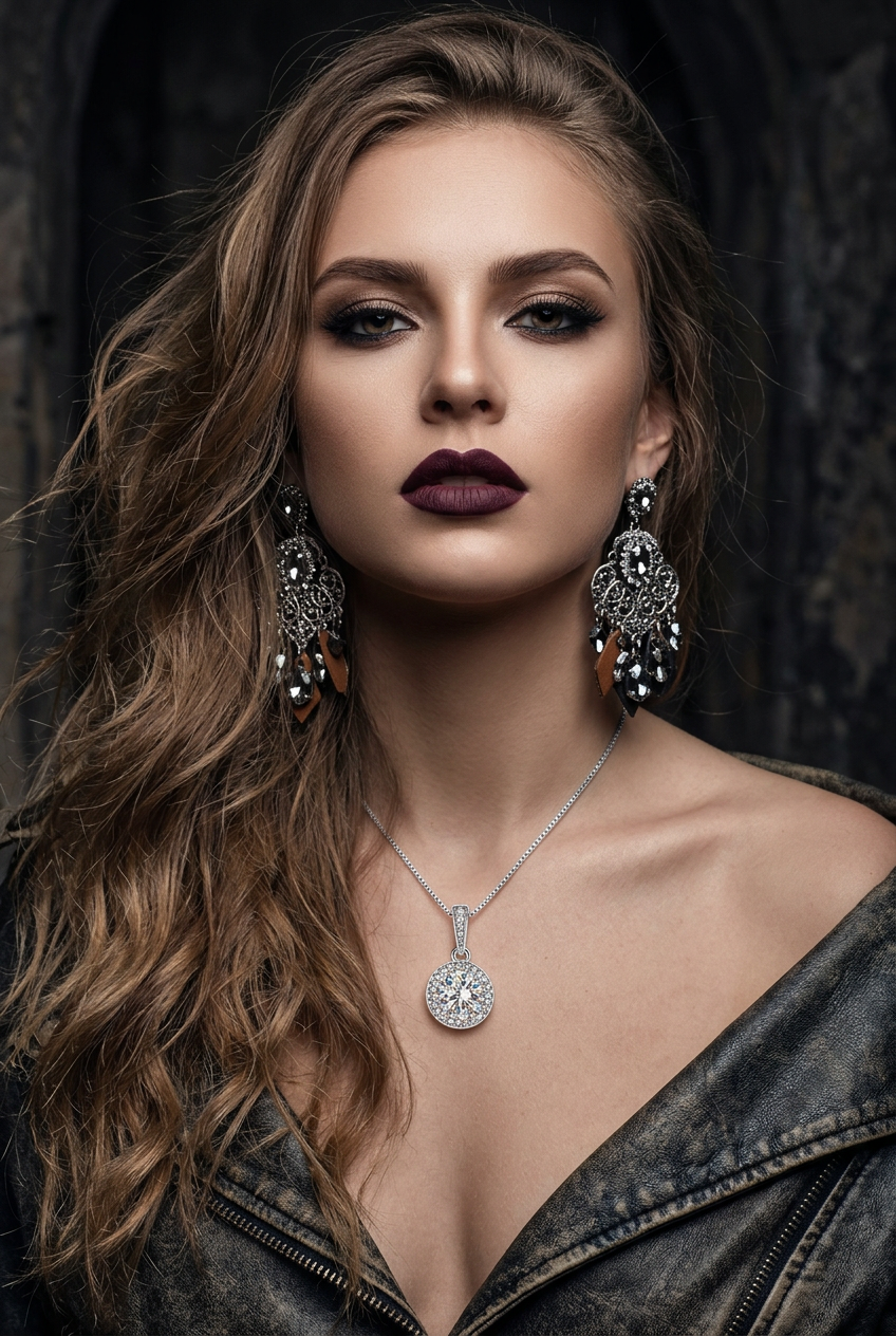 Round halo pendant on a silver box chain, chandelier earrings and open leather jacket