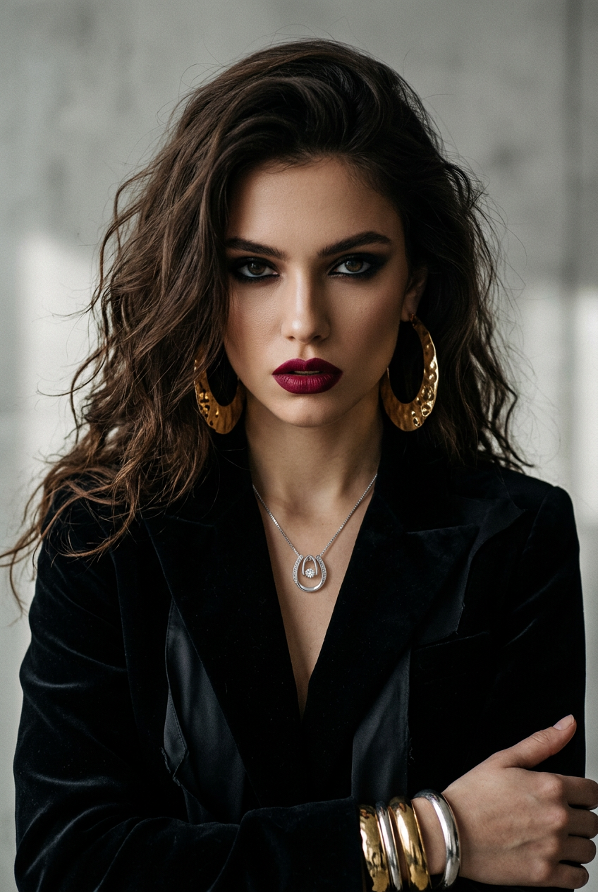 Crystal-lined horseshoe at the throat, gold hoops and stacked bangles over black velvet