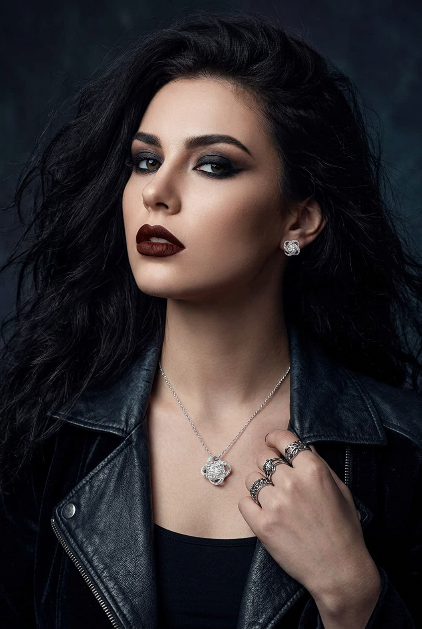 A woman with dark hair and dramatic eye makeup wears a silver necklace with a round pendant, a matching stud earring, and multiple silver rings, posed in a black leather jacket against a dark studio background.