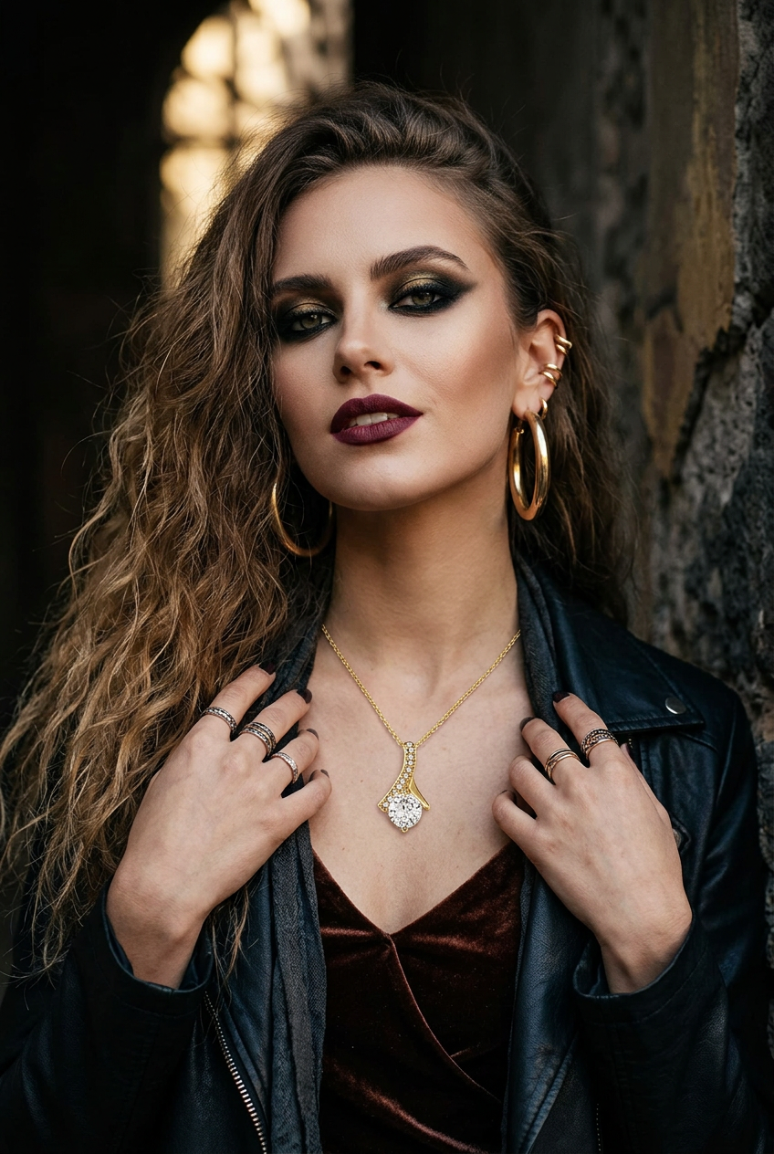 A woman with long wavy brown hair, dark eye makeup, and dark lipstick wears a gold pendant necklace with a clear crystal, gold hoop earrings, and rings, posing in a black leather jacket against a dark textured background.