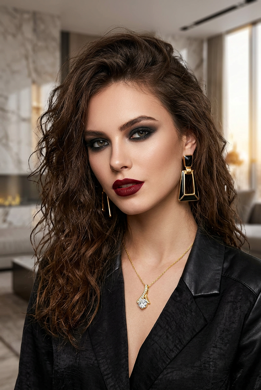 A close-up portrait of a woman with styled brown hair, wearing a black textured jacket, a gold necklace with a clear teardrop pendant, and large gold and black geometric drop earrings in a modern indoor setting.
