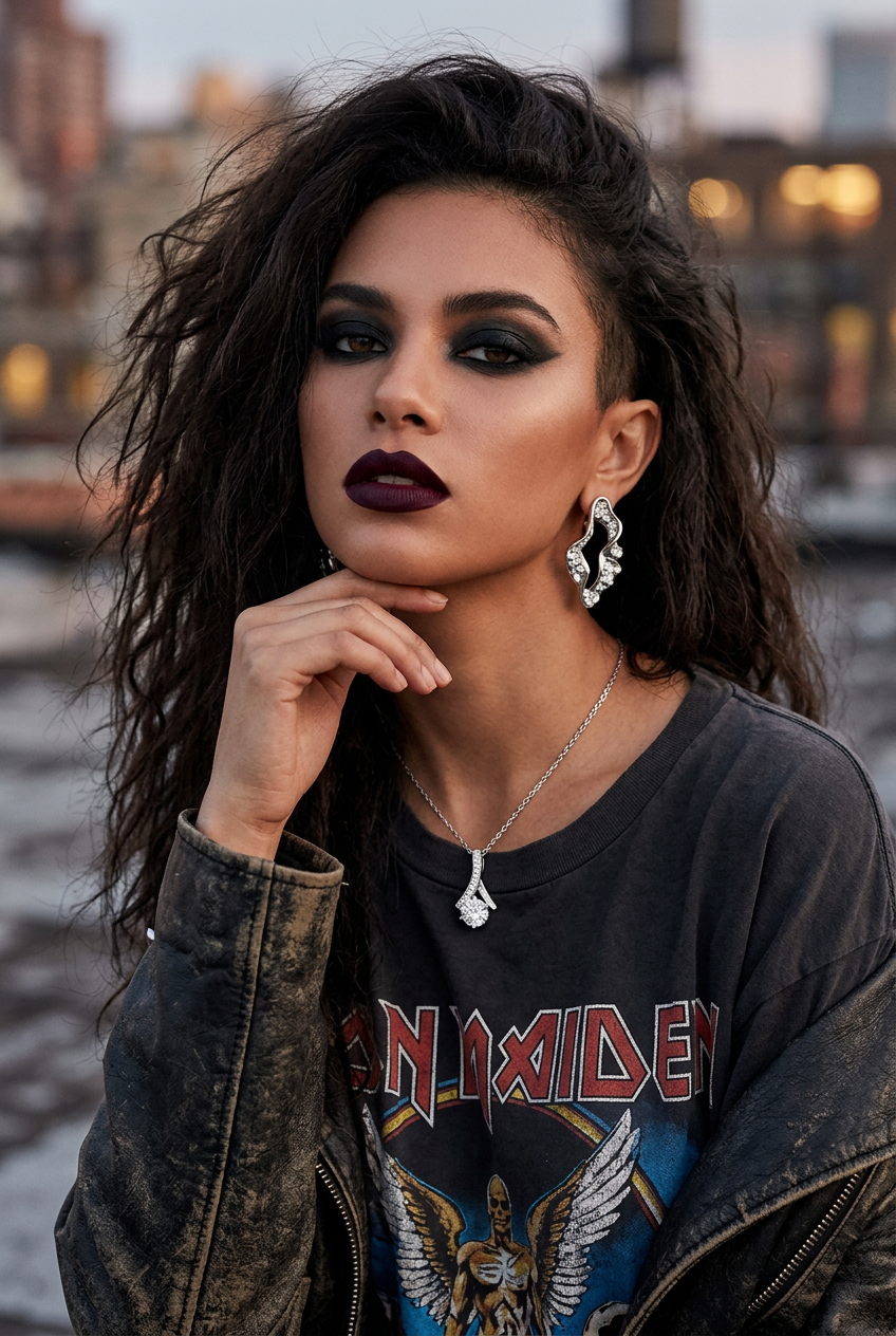 A woman with dark hair, dramatic eye makeup, and dark lipstick poses outdoors wearing a black Iron Maiden graphic t-shirt, a distressed brown leather jacket, silver earrings, and a silver necklace.