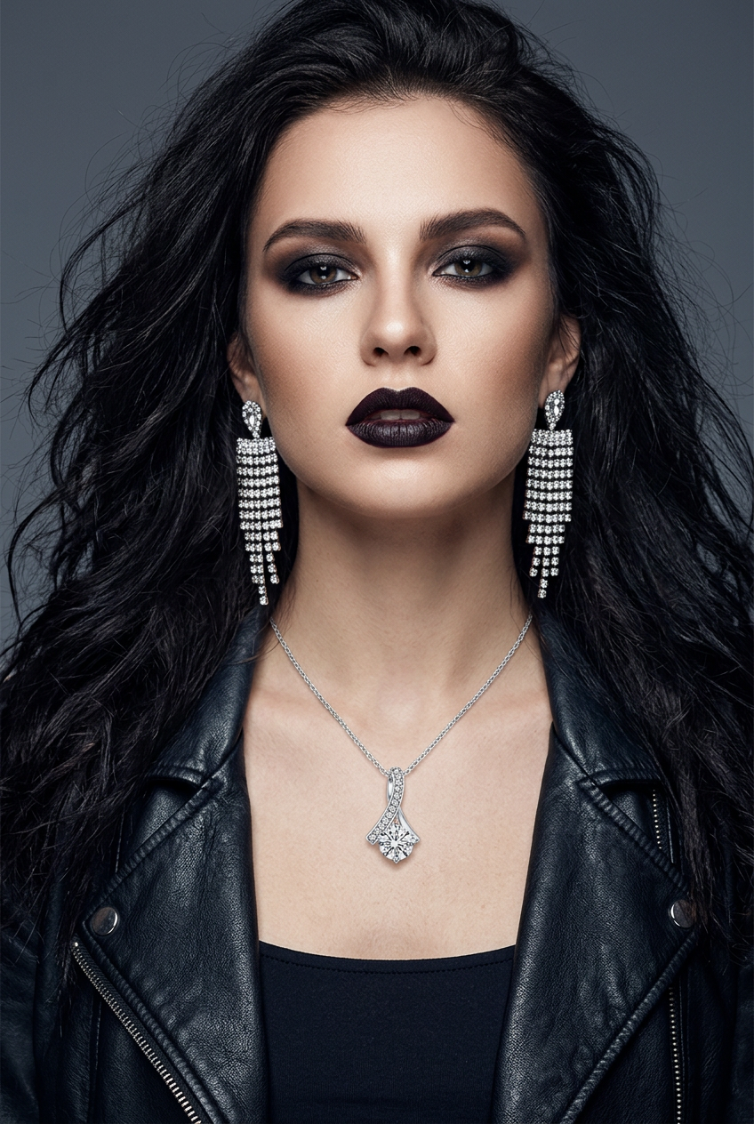 A close-up portrait of a woman with long dark wavy hair, wearing a black leather jacket, black top, silver pendant necklace, and matching long silver drop earrings against a dark gray studio background.