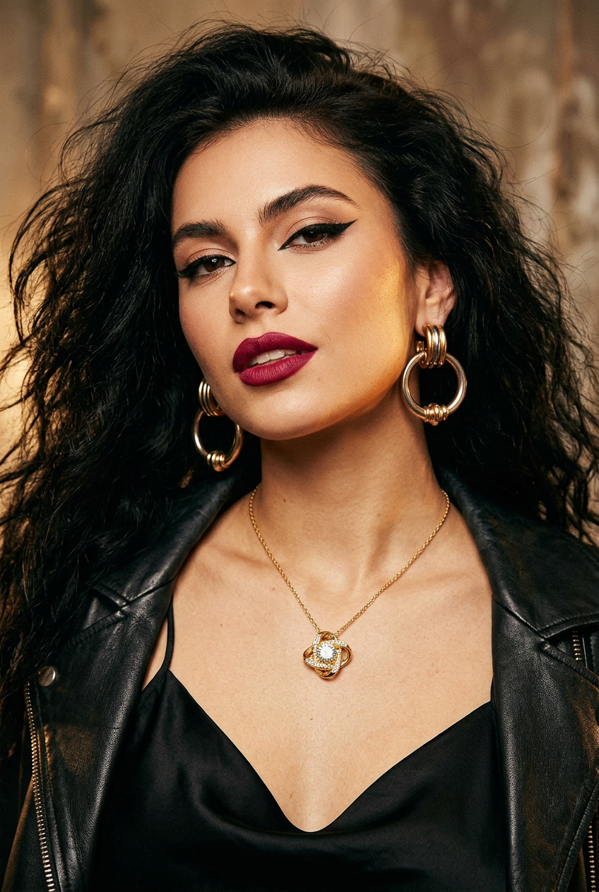 A close-up portrait of a woman with dark curly hair, wearing a black leather jacket, black satin top, gold heart pendant necklace, and large gold hoop earrings against a warm brown textured background.