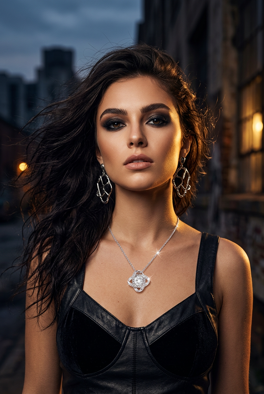 A woman with dark wavy hair models a silver geometric pendant necklace and matching earrings, wearing a black leather-look top against a softly blurred city street background at dusk.