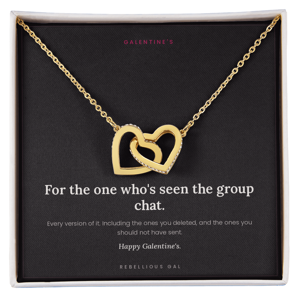 Gold interlocking heart pendant necklace in a white gift box on the group chat card