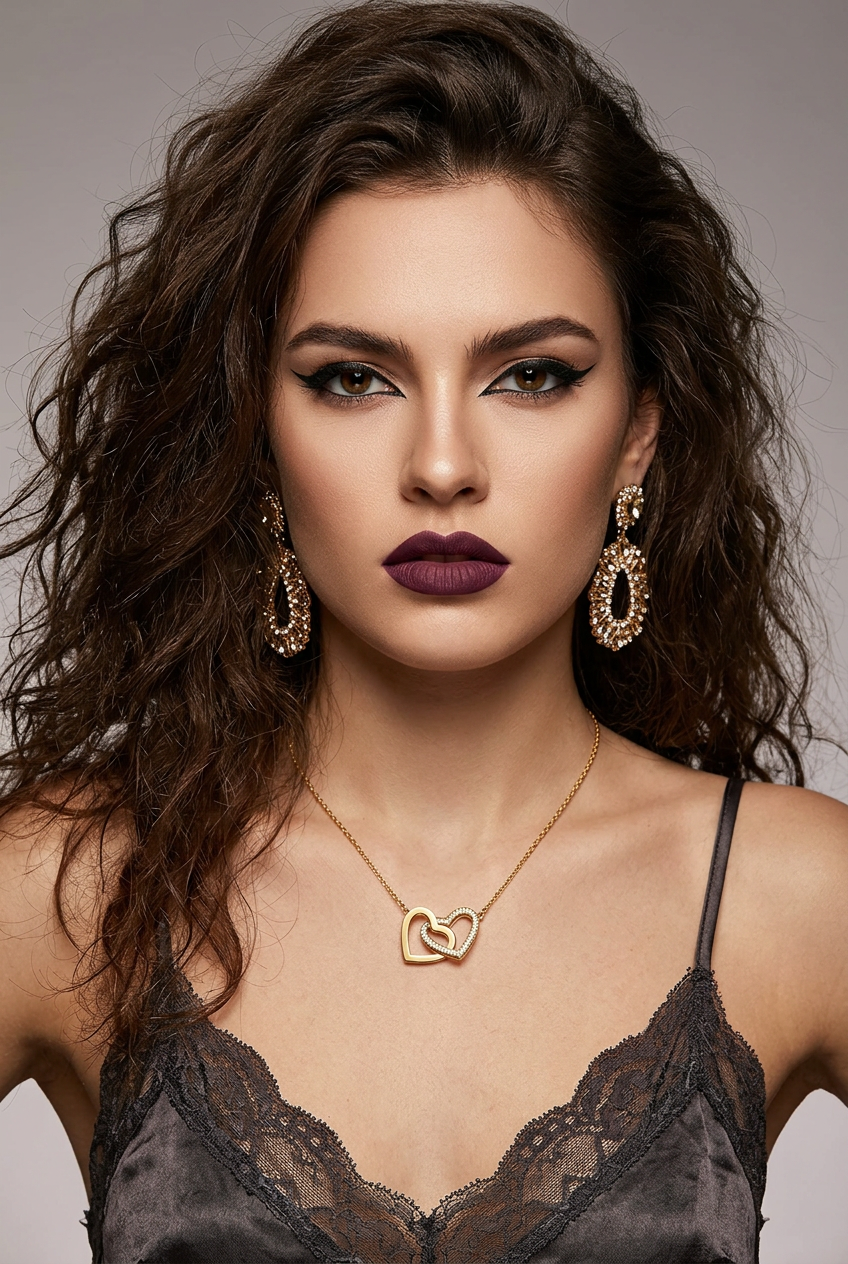 A close-up portrait of a woman with dark wavy hair, wearing a gold double-heart pendant necklace, matching drop earrings, and a black lace camisole against a neutral gray background.