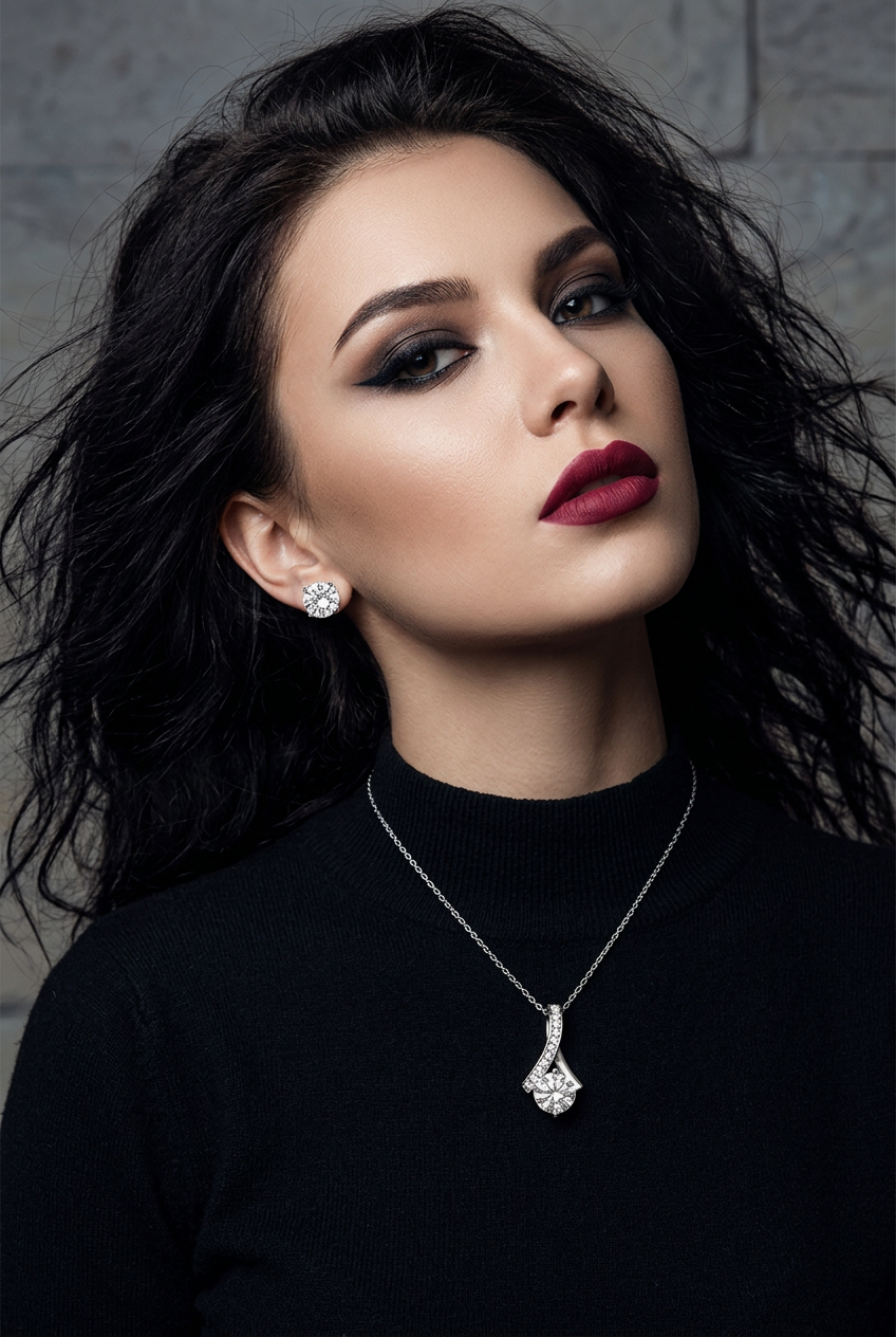 Curved silver ribbon of tiny stones ends in a round solitaire on black knit
