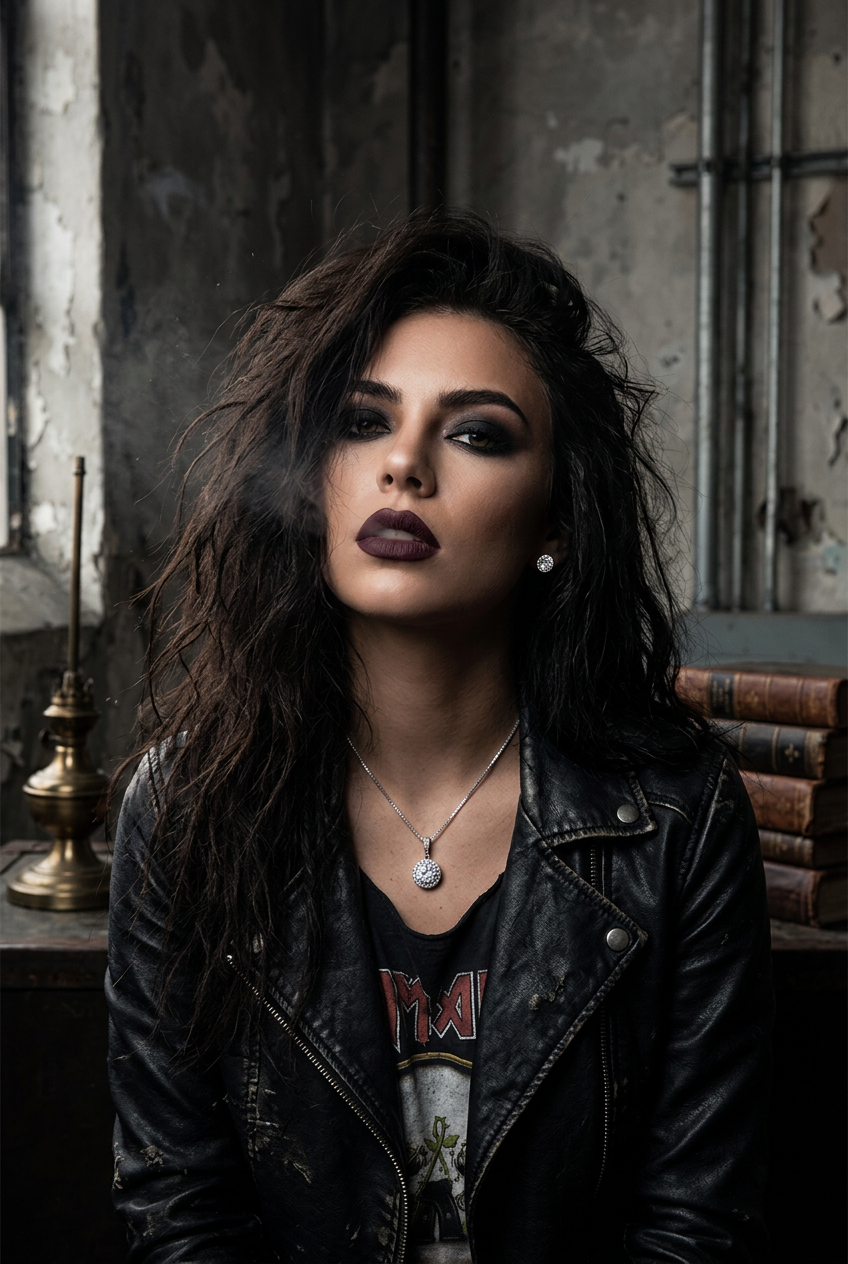 A woman with dark hair and dark lipstick wears a black leather jacket over a graphic t-shirt, posing in a moody, industrial room with a window and books in the background.