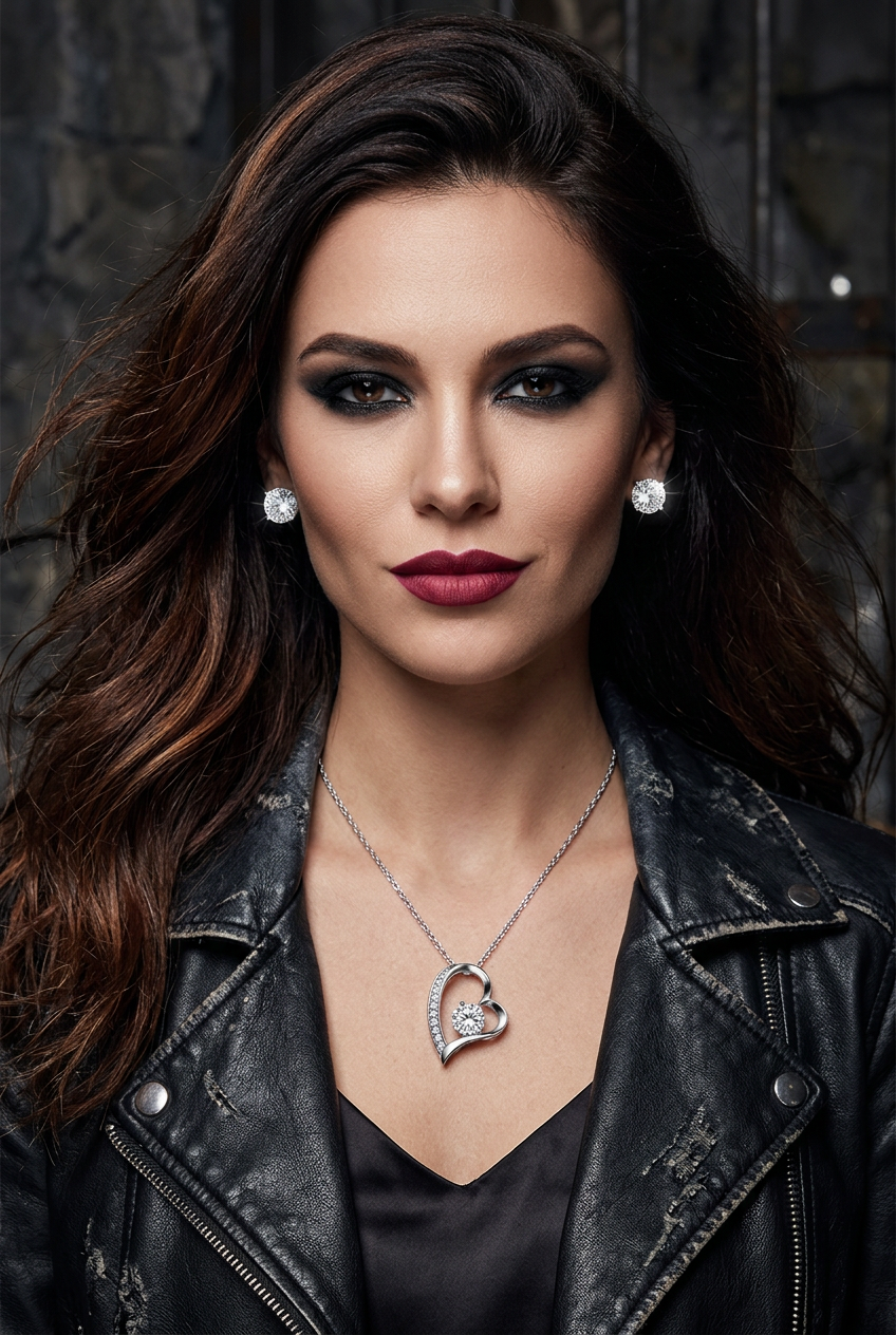 Leather jacket over black satin, heart pendant curving around one round brilliant solitaire