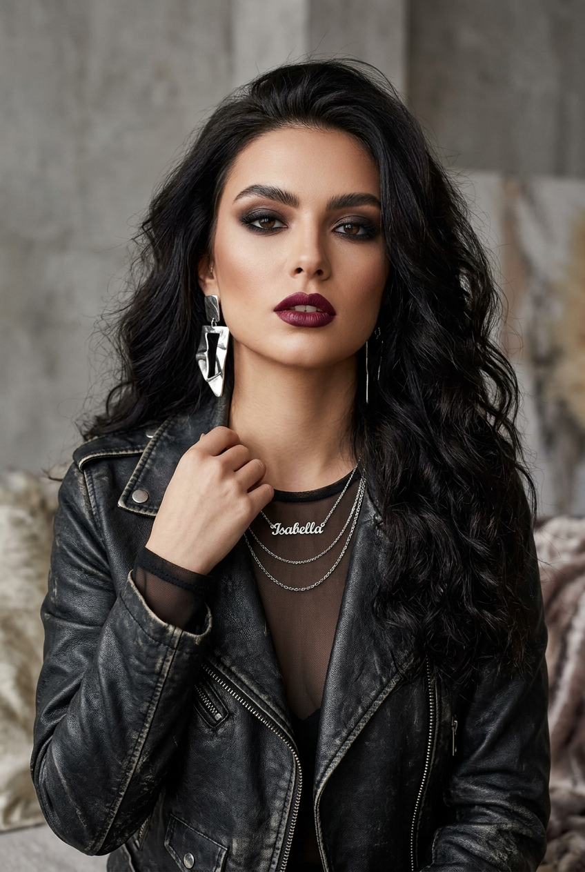Silver Isabella nameplate flat at the collarbone, twin chains beneath, open biker jacket over mesh