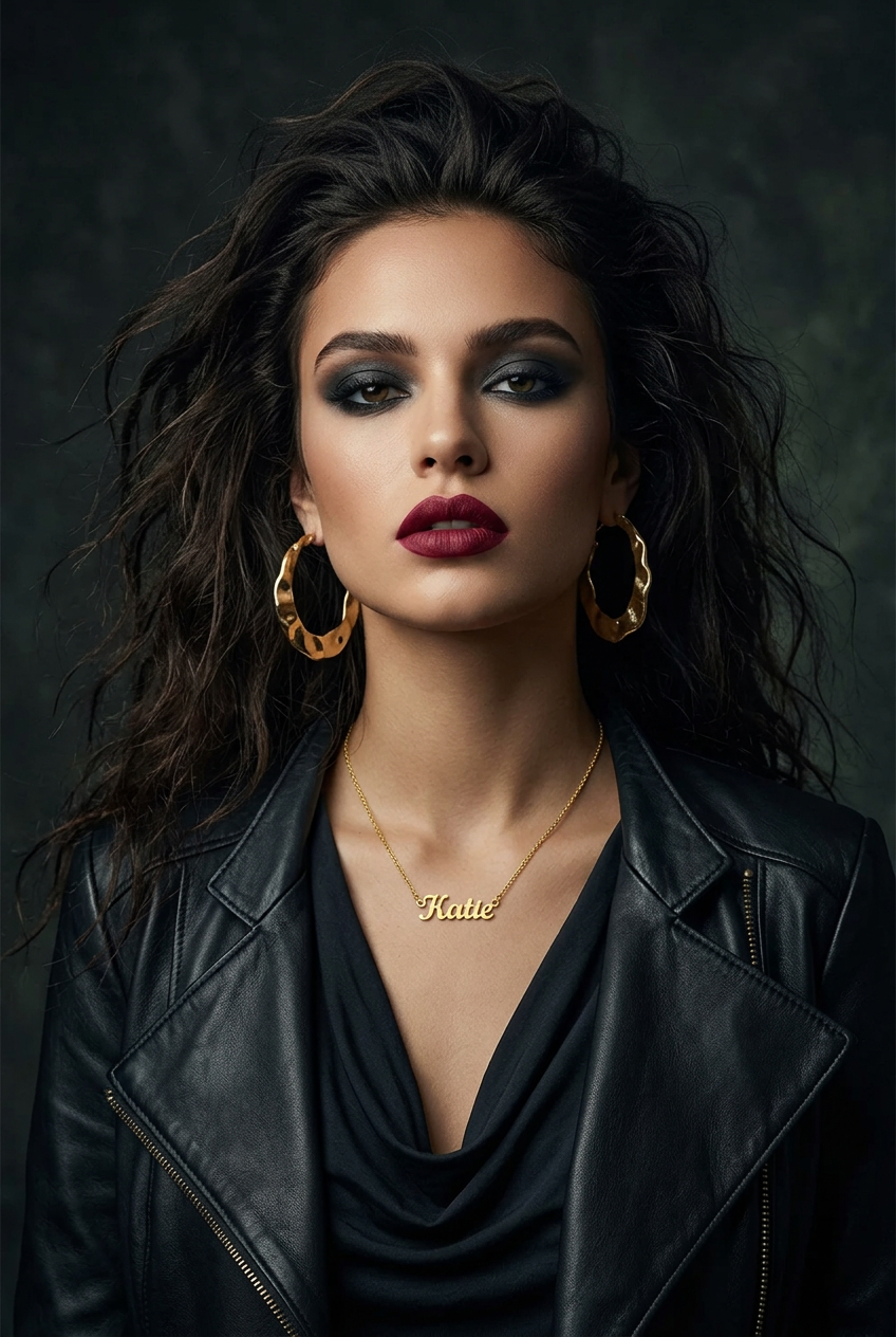 Gold Katie lies flat on the chain above a draped cowl neck and leather lapels