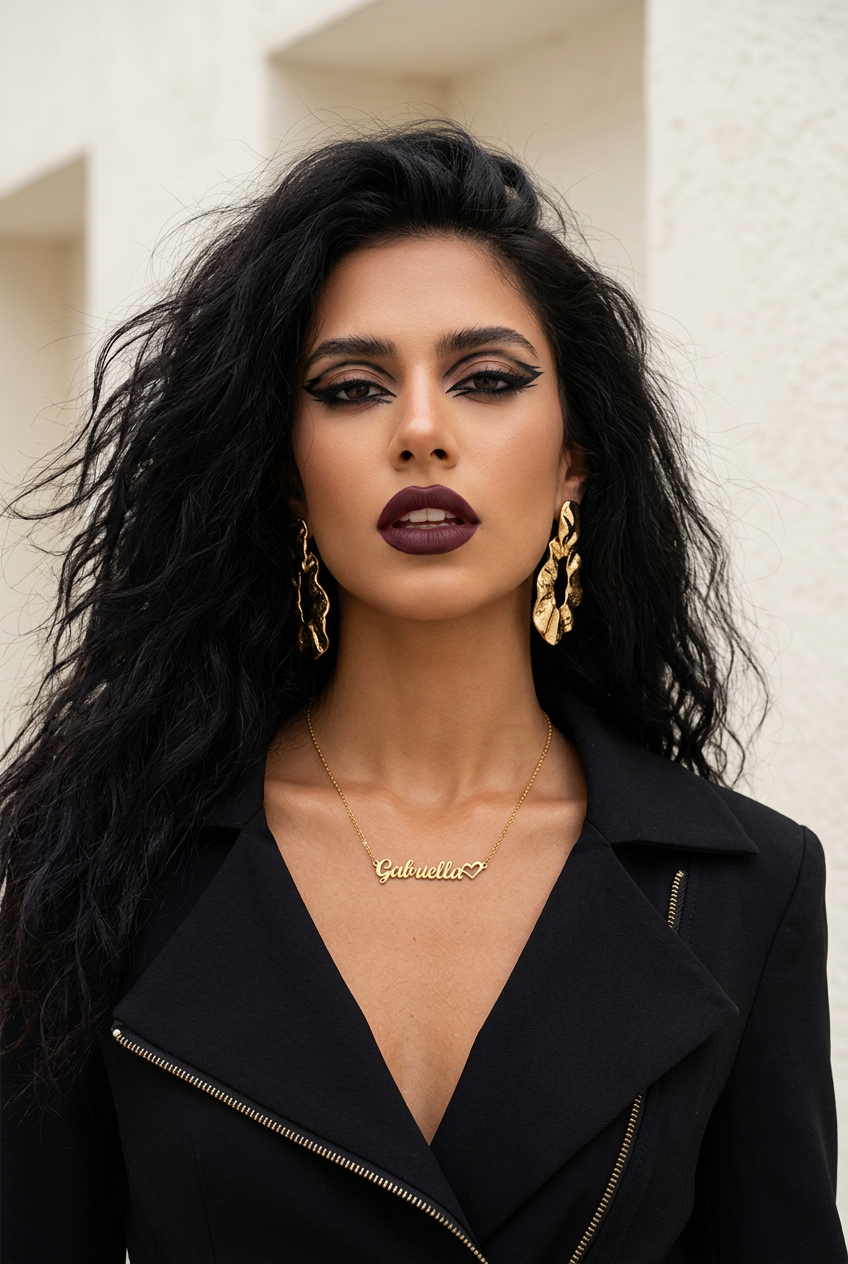 A close-up portrait of a woman with long, wavy black hair, wearing a black jacket, gold statement earrings, and a gold script necklace that reads 'I love you'. She is posed against a light beige textured wall.