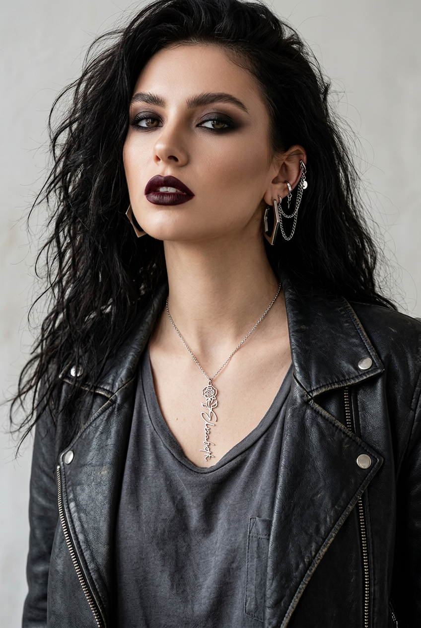 A close-up portrait of a woman with dark hair wearing a silver-toned snake pendant necklace, silver hoop earrings, and a black leather moto jacket over a dark gray top.