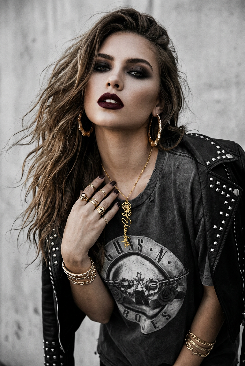 A woman with long wavy brown hair poses in a black studded leather jacket and a faded black Guns N' Roses graphic t-shirt, accessorized with gold jewelry against a textured gray concrete wall.